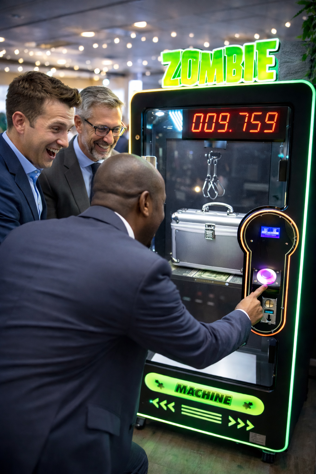Business professionals having fun with the Zombie Machine at a corporate event